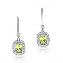 14K White Gold Halo Cushion Peridot and Diamond Semi Precious Leverback Earring