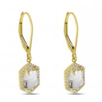 14K Yellow Gold White Topaz Hexagon Earrings