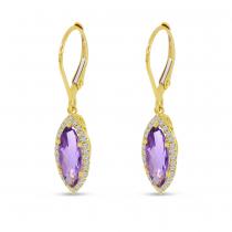 14K Yellow Gold Marquise Amethyst with Diamond Halo Leverback Earrings