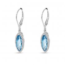 14K White Gold Marquise Blue Topaz with Diamond Halo Leverback Earrings