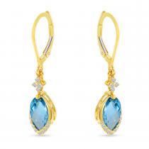 14K Yellow Gold Marquise Blue Topaz and Diamond Dangle Earrings