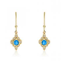 14K Yellow Gold Round Blue Topaz and Diamond Leverback Earrings