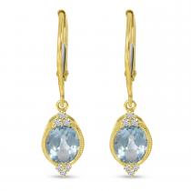 14K Yellow  Gold Oval Aquamarine and Diamond  Millgrain Post Earrings