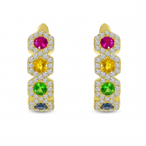 14K Yellow Gold Rainbow Sapphire Hexagon Earrings