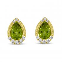 14K Yellow Gold Pear Cut Peridot and Diamond Earrings