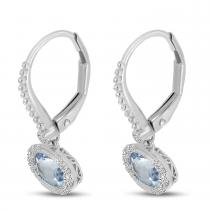 14K White Gold Oval Aquamarine and Diamond Halo East to West Lever ack Earrings