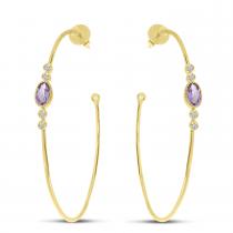 14K Yellow Gold Oval Amethyst and Diamond Wire Hoop Post Earrings