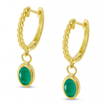 14K Yellow Gold Oval Emerald Dangle Birthstone Textured Huggie Earrings