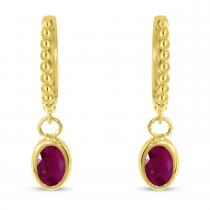 14K Yellow Gold Oval Ruby Dangle Birthstone Textured Huggie Earrings