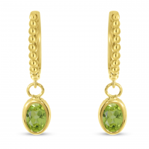 14K Yellow Gold Oval Peridot Dangle Birthstone Textured Huggie Earrings