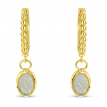 14K Yellow Gold Oval Opal Dangle Birthstone Textured Huggie Earrings