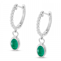 14K White Gold Oval Emerald Dangle Textured Huggie Earrings