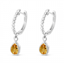 14K White Gold Pear Citrine Dangle Birthstone Textured Huggie Earrings