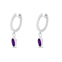 14K White Gold Oval Amethyst Dangle Birthstone Huggie Earrings