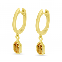 14K Yellow Gold Pear Citrine Dangle Birthstone Huggie Earrings