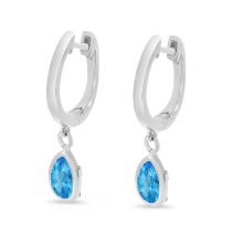 14K White Gold Pear Blue Topaz Dangle Birthstone Huggie Earrings