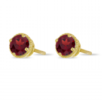 14K Yellow Gold 4mm Round Garnet Millgrain Halo Earrings