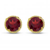 14K Yellow Gold 5mm Round Garnet Millgrain Halo Earrings