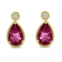 14K Yellow Gold Pear Ruby and Diamond Millgrain Birthstone Earrings