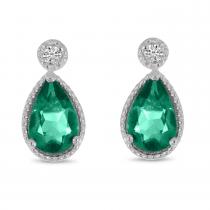 14K White Gold Pear Emerald and Diamond Millgrain Birthstone Earrings