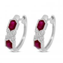 14K White Gold Ruby and Diamond Millgrain Huggie Earrings