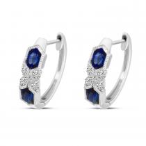 14K White Gold Sapphire and Diamond Millgrain Huggie Earrings