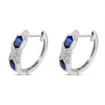 14K White Gold Sapphire Hexagon Millgrain Huggie Earrings