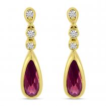 14K Yellow Gold Elongated Pear Rhodalite Garnet and Diamond Teardrop Earrings