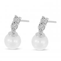 14K White Gold Pearl and Two Diamond Post Earrings