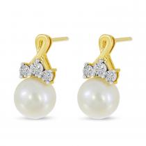 14K Yellow Gold Pearl and Diamond Crossover Post Earrings