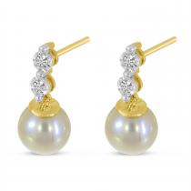 14K Yellow Gold Pearl and Two Diamond Drop Post Earrings