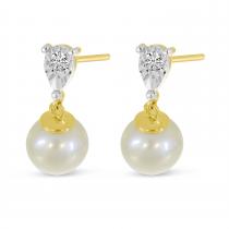 14K Yellow Gold Pearl and Illusion Diamond Drop Post Earrings