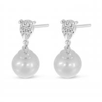 14K White Gold Pearl and Illusion Diamond Drop Post Earrings