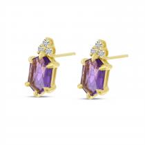 14K Yellow Gold Hexagon Amethyst and Diamond Post Earrings