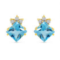 14K Yellow Gold Blue Topaz Princess Cut & Diamond Stud Earrings