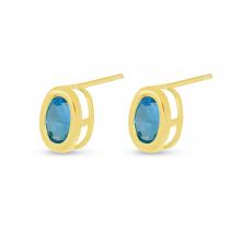 14K Yellow Gold Oval Blue Toapz Bezel Birthstone Stud Earrings