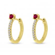 14K Yellow Gold Round Ruby and Diamond Huggie Earrings