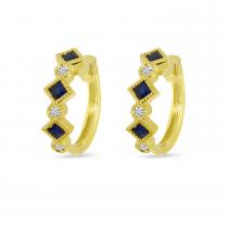 14K Yellow Gold Princess Sapphire and Diamond Millgrain Huggie Earrings