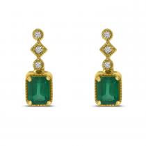 14K Yellow Gold Emerald Cut Emerald and Diamond Precious Earrings