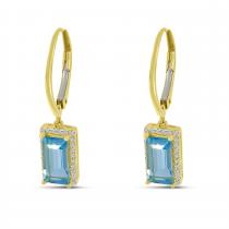 14K Yellow Gold Emerald Cut Blue Topaz and Diamond Lever Back Earrings