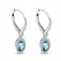 14K White Gold Oval Blue Topaz and Diamond Lever Back Earrings