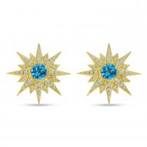 14K Yellow Gold Starburst Blue Topaz and Diamond Semi Precious Earrings