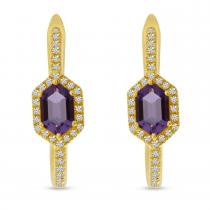 14K Yellow Gold Amethyst and Diamond Hexagon Halo Hoops