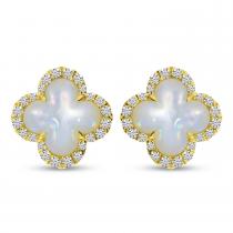 14K Yellow Gold Mother of Pearl and Diamond Clover Earrings