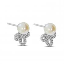 14K White Gold Diamond Swirl Pearl Stud Earrings