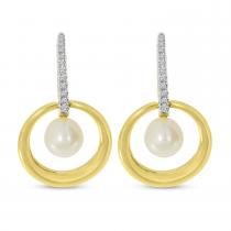 14K Yellow Gold Diamond and Pearl Drop Circle Earrings