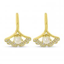 14K Yellow Gold Diamond and Pearl Fan Earrings