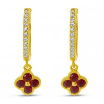 14K Yellow Gold Ruby Clover Drop Diamond Huggies