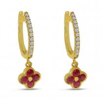 14K Yellow Gold Ruby Clover Drop Diamond Huggies