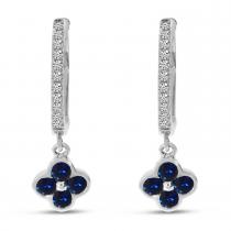 14K White Gold Sapphire Clover Drop Diamond Huggies